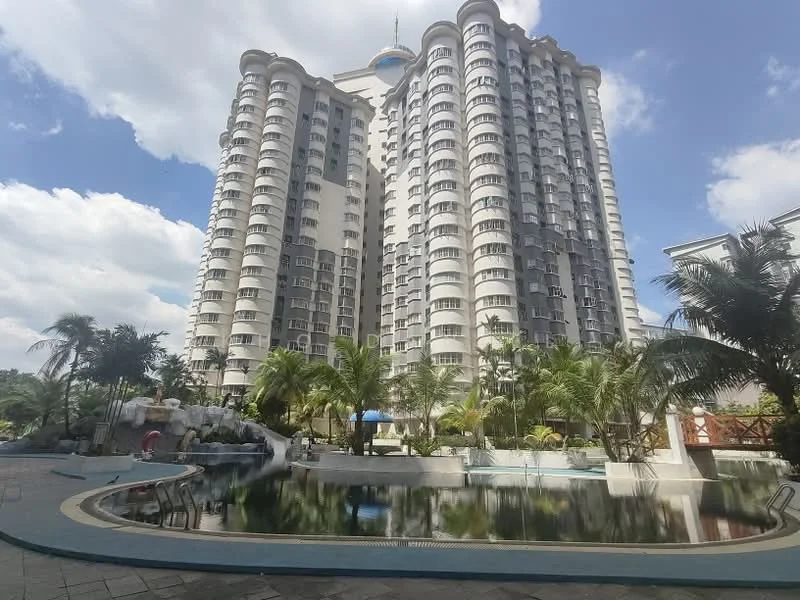 Exterior type: high-rise condominium; features: curved glass facade, multiple balconies, landscaped garden, swimming pool with reflection, water feature, palm trees, manicured lawn, outdoor seating area, surrounding greenery; style: modern.