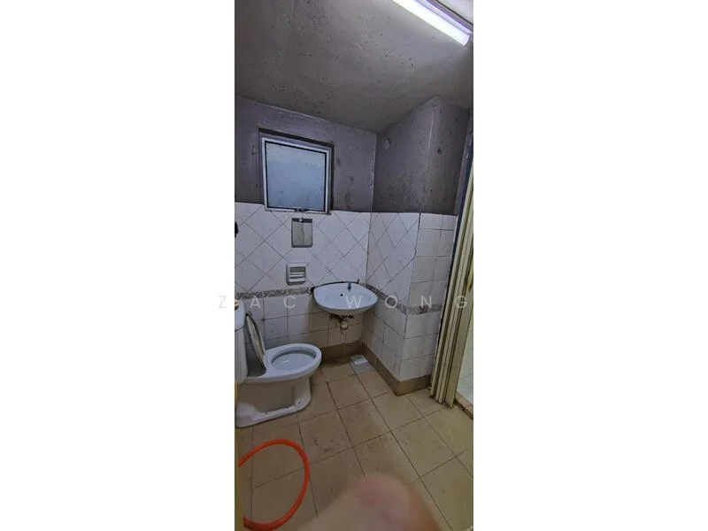 Bathroom features: white tiled walls, grey concrete ceiling, cream ceramic tile flooring, one-piece toilet, sink with pedestal, mirror above sink, shower area with glass door, window for natural light, light fixture on ceiling; style: minimalist.