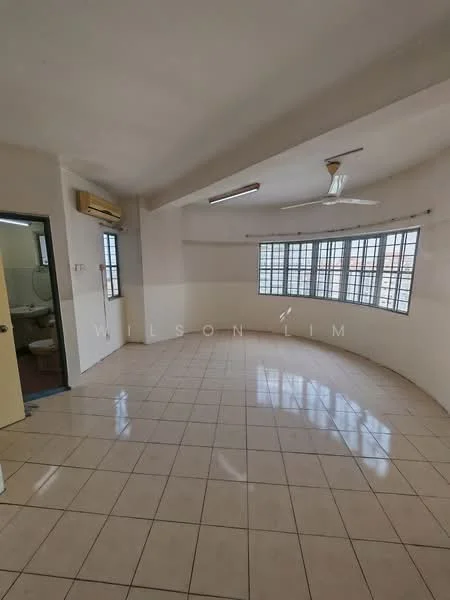 Room features: white painted walls, tile flooring, ceiling fan, wall-mounted air conditioning unit, multiple windows, curved wall design, natural light, neutral color scheme; style: modern; view: city.