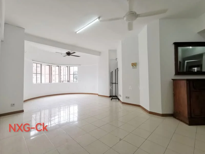 Living features: white painted walls, glossy ceramic tile flooring, 5-blade ceiling fan, large floor-to-ceiling windows, natural light, wooden sideboard, recessed lighting, open layout; style: modern; view: city.
