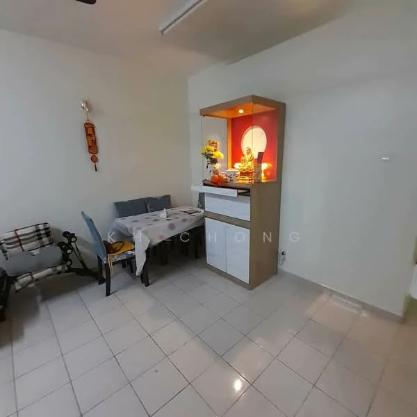 Dining features: white painted walls, white tiled flooring, dining table with tablecloth, 4 grey upholstered dining chairs, wooden sideboard with display area, decorative flowers on sideboard, wall-mounted decorative items, small altar setup; style: modern.