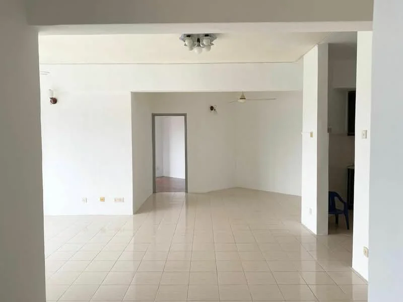 Room features: white painted walls, tile flooring, ceiling light fixture, open layout, large windows, neutral color scheme, corner space, doorway leading to another room; style: modern.