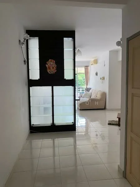 Room features: white painted walls, glossy white tile flooring, built-in display cabinet with glass shelves, natural light from window, sofa in living area, curtains, air conditioning unit, decorative wall art; style: modern.