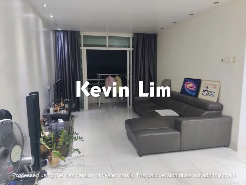 Living features: grey leather sectional sofa, white tiled flooring, white painted walls, floor-to-ceiling windows, sliding glass door, curtains in dark grey, wall-mounted TV, coffee table, decorative wall art, ceiling lights, ceiling fan; style: modern; view: city.
