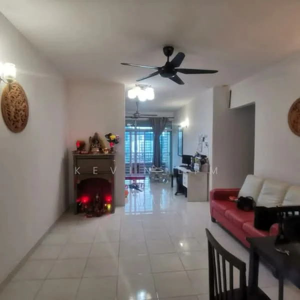 Living features: white painted walls, glossy ceramic tile flooring, 5-blade ceiling fan with light, recessed downlights, sofa in red, sofa in white, coffee table, TV console, decorative wall art, decorative items on mantel, large windows with sheer curtains, dining table with chairs; style: modern; view: city.