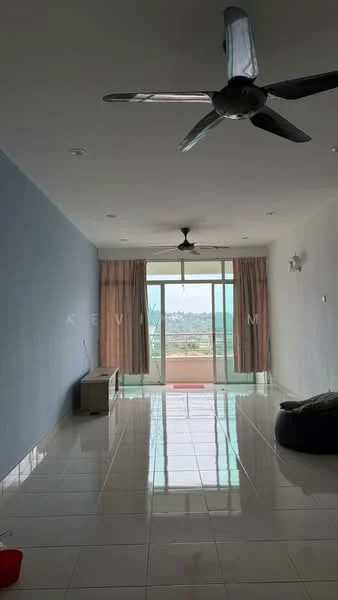 Living features: white painted walls, grey accent wall, glossy tile flooring, 5-blade ceiling fan, floor-to-ceiling sliding glass door, curtains, balcony view, light fixtures on walls; style: modern; view: city.