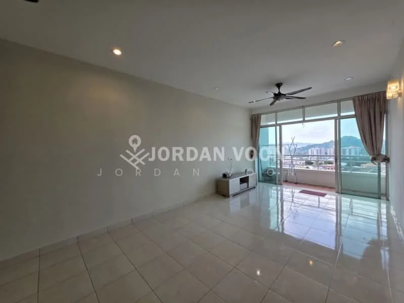 Living features: white painted walls, glossy tile flooring, 5-blade ceiling fan, floor-to-ceiling windows, curtains, TV console, mountain view, natural light; style: modern; view: mountain.