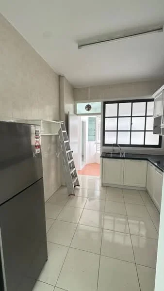 Kitchen features: white cabinetry, black countertop, stainless-steel fridge, ceramic tile flooring, large window with grid design, ladder for storage, open layout, wall-mounted shelf; style: modern.