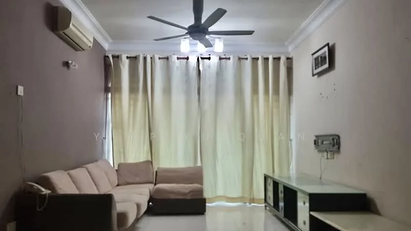 Living features: 3-seater fabric sofa in beige, 2-seater fabric sofa in light brown, ceiling fan with light, wall-mounted TV, TV console, cream curtains, white walls, glossy tile flooring, air conditioning unit; style: modern.