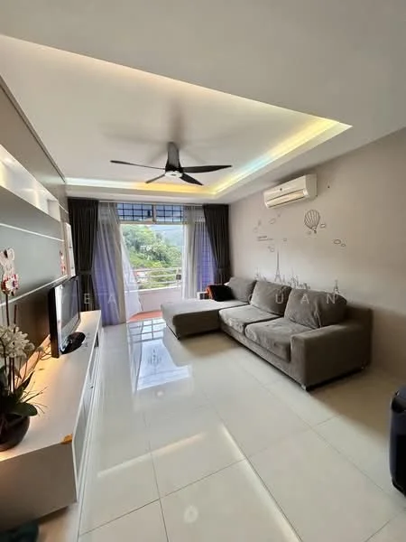 Living features: grey fabric L-shape sectional sofa, white TV console, wall-mounted TV, recessed LED downlights, 5-blade ceiling fan with light, large window with sheer curtains, sliding glass door, white tiled flooring, decorative wall decals, air conditioning unit; style: modern; view: city.