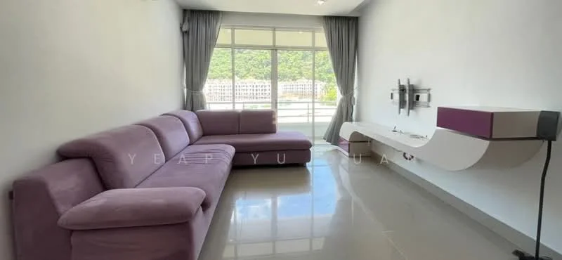 Living features: L-shape sectional sofa in purple, white wall, large floor-to-ceiling windows, grey curtains, polished tile flooring, wall-mounted TV console, minimalist design, natural light from windows; style: modern; view: mountain.