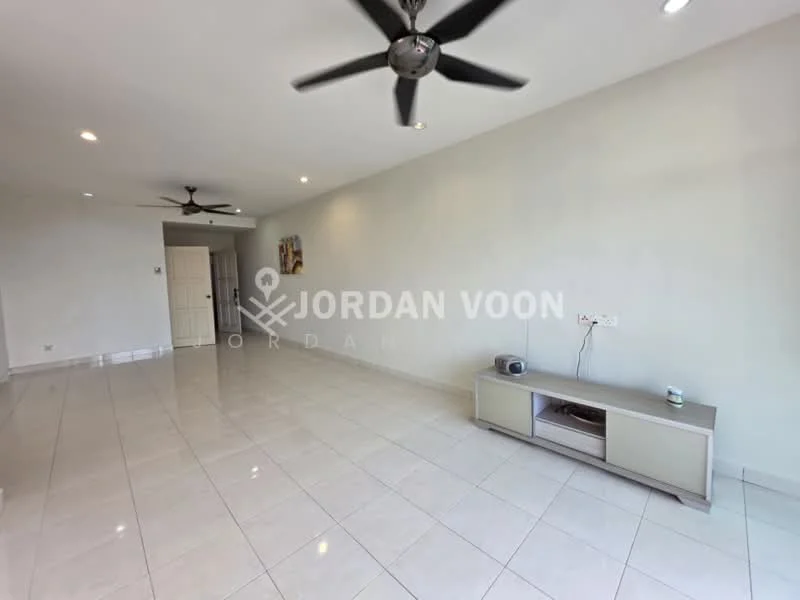 Living features: white painted walls, glossy tile flooring, 2 ceiling fans, recessed downlights, TV console, wall-mounted TV, open layout, large windows for natural light; style: modern.