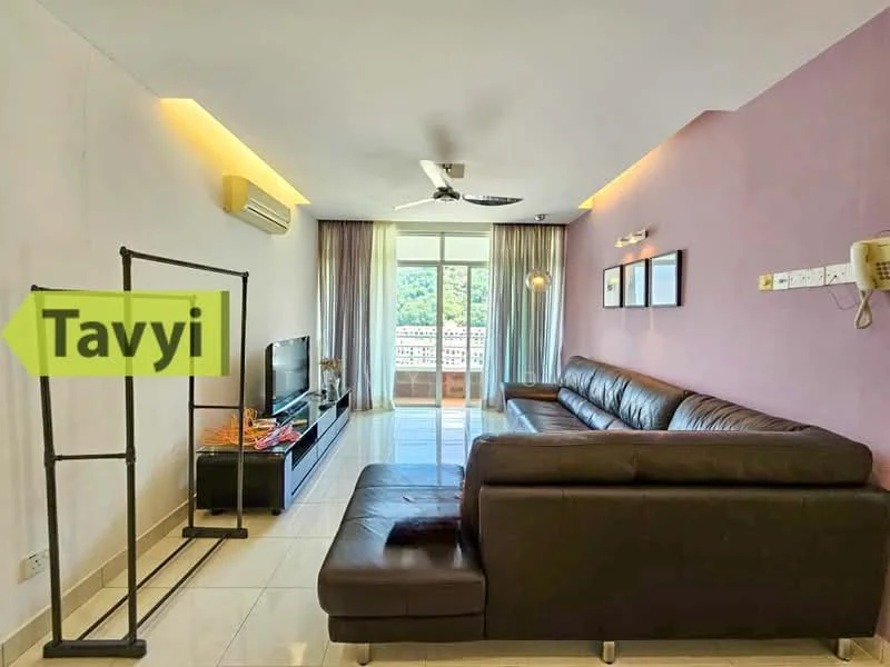 Living features: 3-seater leather sofa in dark brown, coffee table, wall-mounted TV, TV console, floor-to-ceiling windows, curtains, 5-blade ceiling fan with light, recessed downlights, white painted walls, cream tiled flooring, decorative wall art, air conditioning unit; style: modern; view: city.