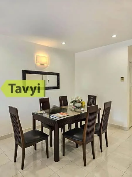 Dining features: 6-seater dining table with marble top, wooden dining chairs, framed mirror on wall, recessed ceiling lights, white painted walls, tile flooring; style: modern.
