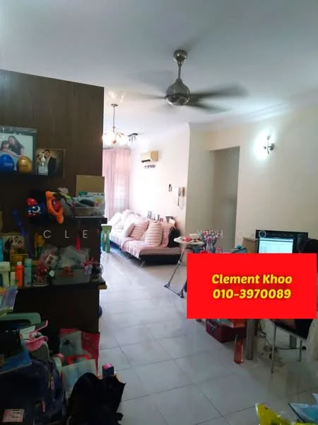 Living features: white painted walls, tile flooring, 5-blade ceiling fan, sofa with cushions, coffee table, TV console, wall-mounted TV, decorative items on shelves, large window with sheer curtains, area rug. Room features: wooden cabinetry, various decorative items, multiple bags and storage items.
