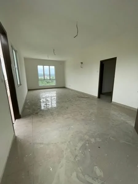 Room features: white painted walls, concrete flooring, large windows, ceiling with exposed wiring, neutral color scheme, open layout, natural light, view of the outdoors; style: modern; view: mountain.