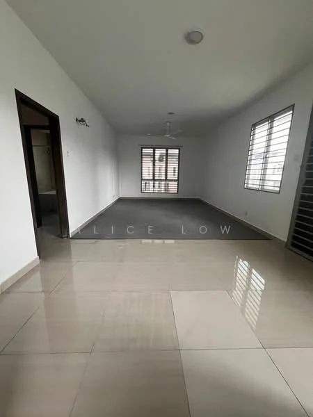 Living features: white painted walls, grey carpet flooring, polished ceramic tile flooring, 5-blade ceiling fan, large windows with horizontal slats, natural light from windows, neutral color scheme, no visible furniture; style: modern.