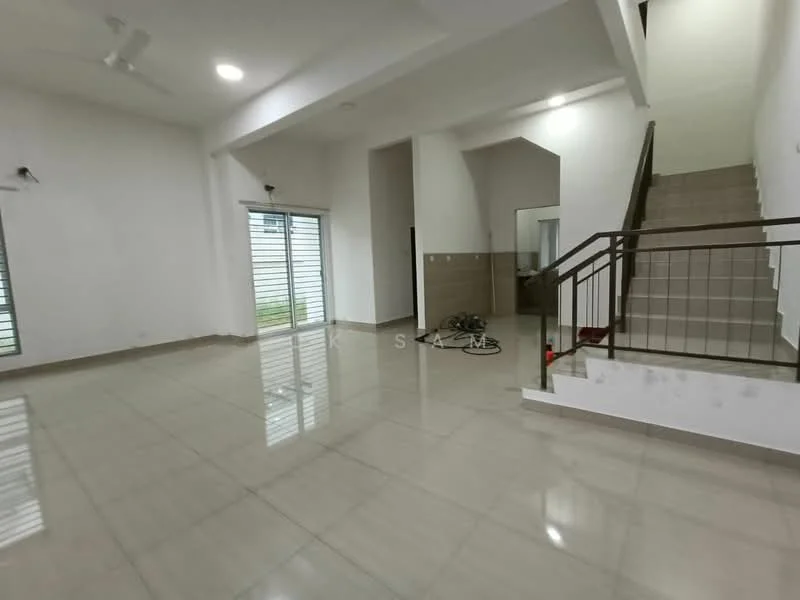 Living features: white painted walls, glossy ceramic tile flooring, 5-blade ceiling fan, large windows with horizontal slats, staircase with metal railing, recessed downlights, open layout, natural light from windows; style: modern; view: garden.