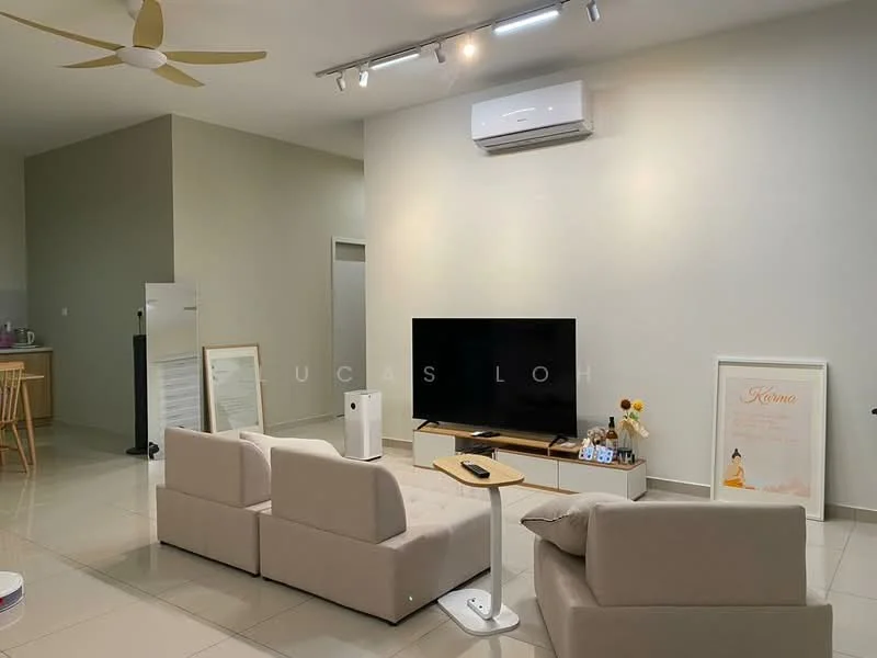 Living features: 3-seater fabric sofa in light grey, coffee table, wall-mounted TV, TV console, recessed LED downlights, ceiling fan, air conditioning unit, decorative artwork, ceramic tile flooring, neutral wall color, open layout to kitchen, area rug; style: modern. Kitchen features: kitchen island, stainless-steel fridge, open shelving, neutral cabinetry, ceramic tile flooring; style: modern.
