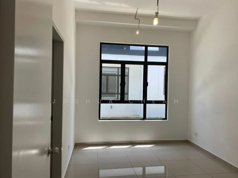 Room features: white painted walls, glossy tile flooring, large window with black frame, two pendant lights, neutral color scheme, door leading to another room; style: modern; view: courtyard.