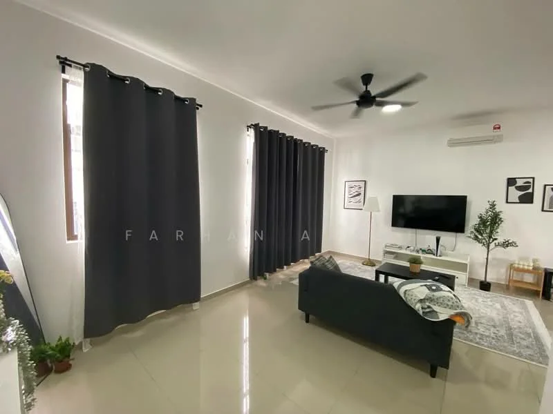 Living features: grey fabric sofa, coffee table, wall-mounted TV, TV console, area rug, 5-blade ceiling fan, white painted walls, large windows with black curtains, decorative plant, framed artwork, recessed lighting, polished tile flooring; style: modern.