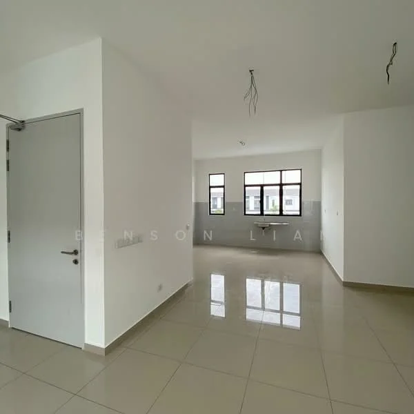 Room features: white painted walls, glossy tile flooring, two large windows, single-bowl sink, neutral color scheme, ceiling lights, door with handle, open layout; style: modern.