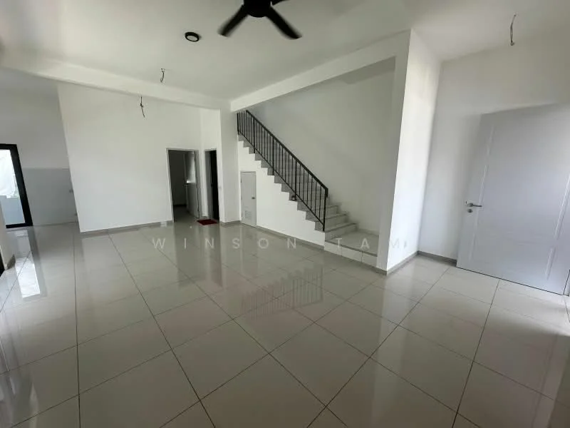 Living features: white painted walls, polished ceramic tile flooring, 5-blade ceiling fan, staircase with metal railing, large windows, door leading to outdoor area, open layout, high ceiling; style: modern. Room features: white painted walls, polished ceramic tile flooring, door leading to another room.