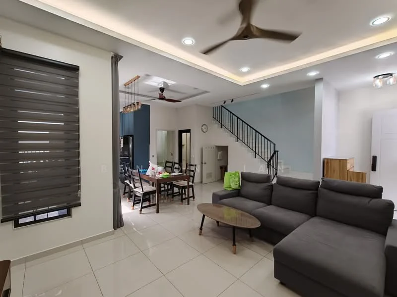 Living features: grey L-shape sectional sofa, round wooden coffee table, white painted walls, recessed downlights, 5-blade ceiling fan, large window with grey roller blinds, glossy white tile flooring, wall-mounted clock; style: modern. Dining features: wooden dining table with chairs, white walls, pendant light fixture, open layout to living area; style: modern.
