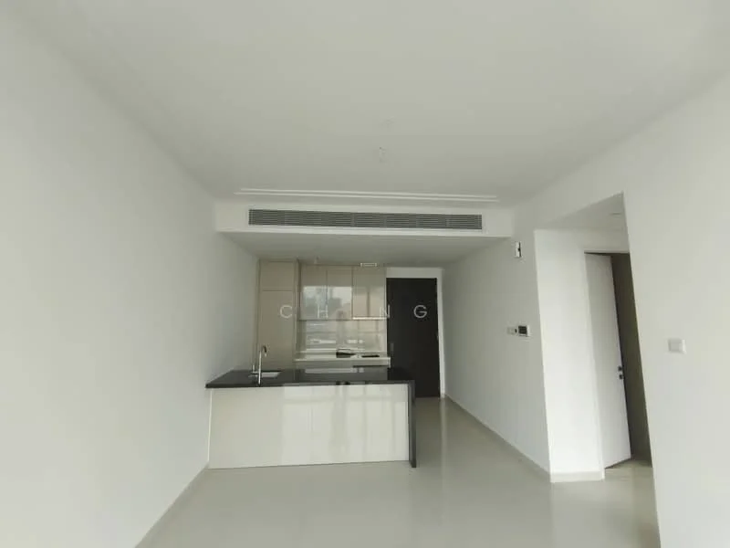 Kitchen features: white painted walls, light grey floor tiles, flat-panel white cabinets, black countertop, built-in oven, stainless-steel sink, chrome pull-down faucet, recessed downlights, open layout, kitchen island; style: modern. Room features: white painted walls, light grey floor tiles, open layout.