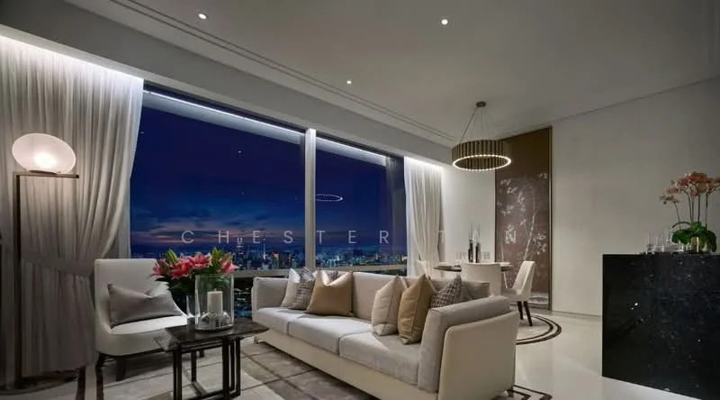 Living features: floor-to-ceiling windows, white walls, recessed downlights, chandelier, 3-seater fabric sofa in cream, decorative cushions, coffee table with glass top, area rug with geometric pattern, decorative vase with flowers, wall-mounted artwork, dining table for four, upholstered dining chairs, black accent wall, plant in ceramic pot; style: modern; view: city.