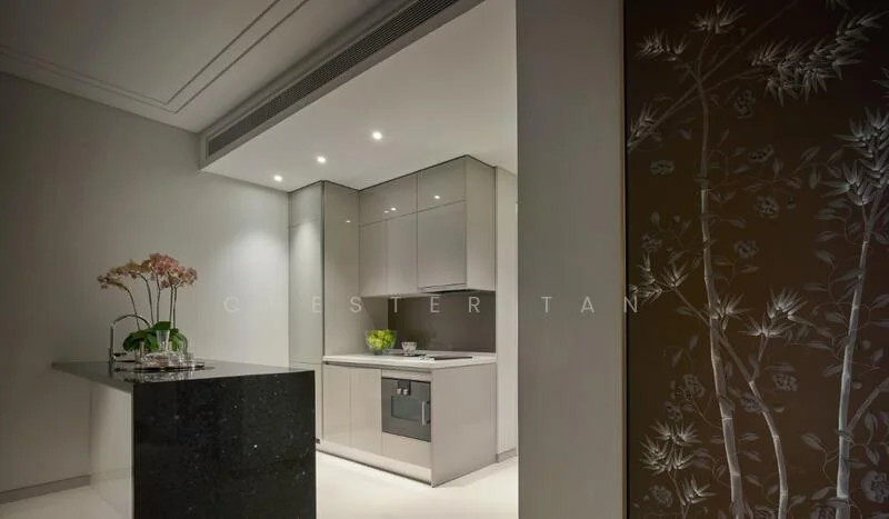Kitchen features: grey cabinetry, black granite countertop, built-in oven, stainless-steel sink, chrome faucet, recessed downlights, smooth plastered walls, tile flooring, decorative wall with floral pattern; style: modern.