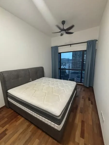 Bedroom features: queen-size bed, upholstered headboard, wooden flooring, floor-to-ceiling windows, curtains in light blue, ceiling fan, decorative wall, city view; style: modern; view: city.