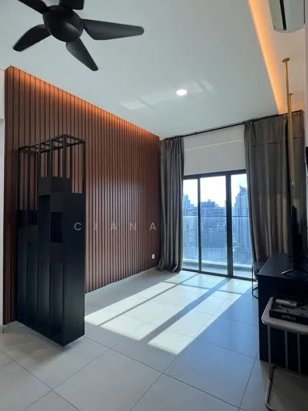 Living features: wood panel accent wall, white painted walls, floor-to-ceiling windows, sliding glass door, grey curtains, 5-blade ceiling fan, tile flooring, black TV console, decorative shelving unit; style: modern; view: city.
