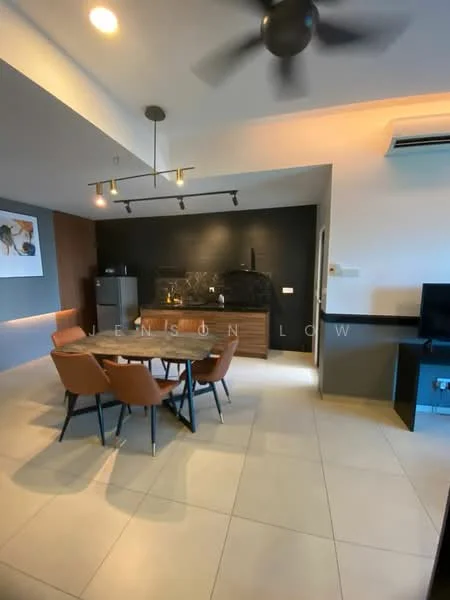 Dining features: 4-seater dining table, upholstered dining chairs in brown, pendant lighting above table, wall-mounted TV, ceiling fan, black accent wall, kitchenette with dark cabinetry, stainless-steel fridge, granite countertop, sink, kitchen appliances visible; style: modern.