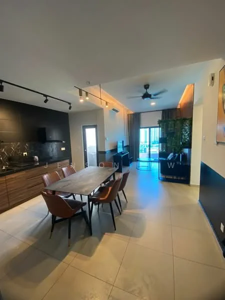 Dining features: 6-seater dining table, wooden dining chairs, pendant lighting, black accent wall, grey tile flooring, ceiling fan, floor-to-ceiling windows, open layout to living area, kitchen area visible in background, decorative plants, wall-mounted TV; style: modern; view: city.