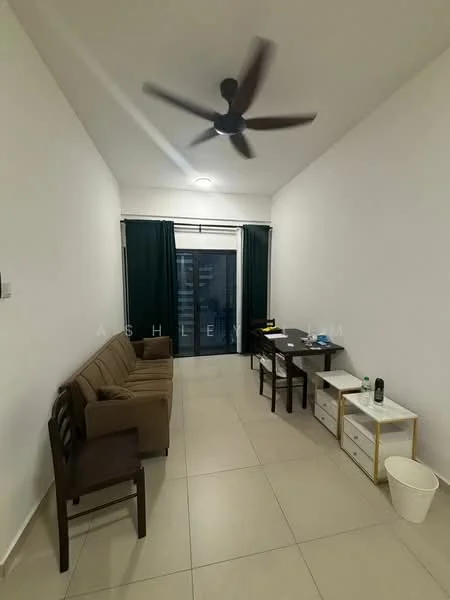 Living features: 3-seater fabric sofa in brown, ceiling fan, dining table with chairs, white sideboard, tile flooring, white painted walls, floor-to-ceiling windows with green curtains, light fixture in ceiling, waste bin; style: modern; view: city.