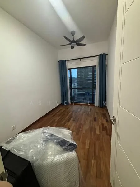 Bedroom features: wooden flooring, white painted walls, 5-blade ceiling fan, floor-to-ceiling windows, blue curtains, view of city skyline, bed with mattress, decorative items in packaging; style: modern; view: city.