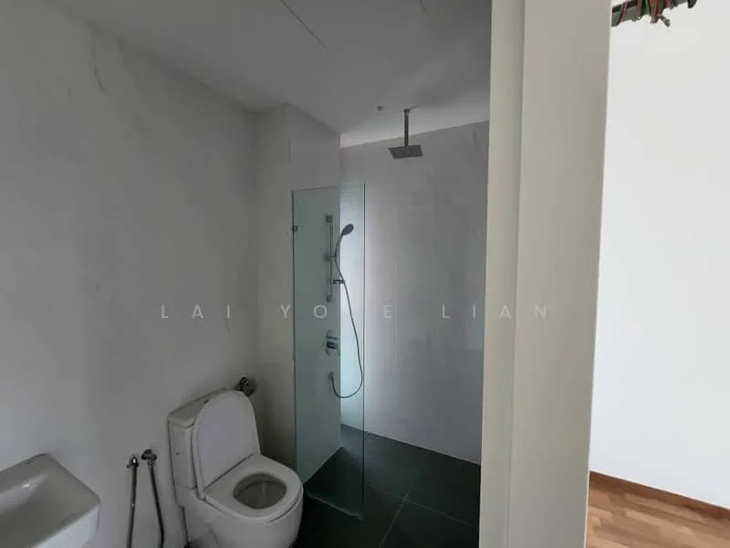 Bathroom features: white wall tiles, grey floor tiles, walk-in shower with glass enclosure, rain shower head, handheld shower, one-piece toilet, chrome basin mixer, framed mirror; style: modern.