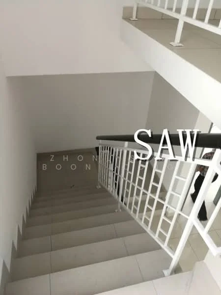 Room features: white painted walls, light-colored tiled flooring, metal railing, staircase with steps, landing area, natural light from upper levels; style: modern.