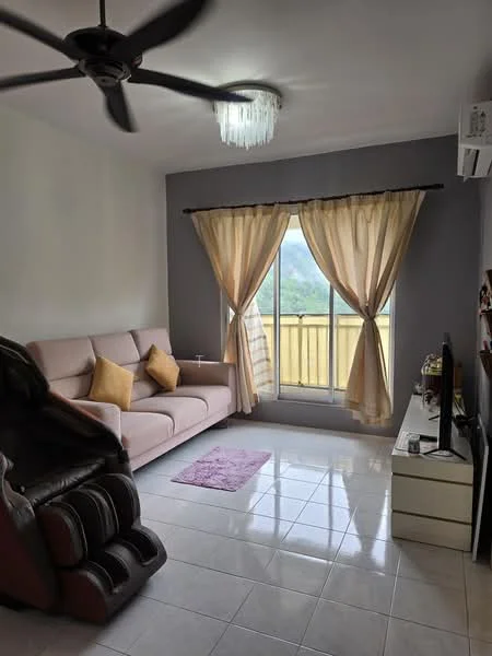 Living features: 3-seater fabric sofa in light pink, 2 yellow decorative cushions, ceiling fan with 5 blades, chandelier light fixture, floor-to-ceiling window, sheer curtains in beige, grey accent wall, white tiled flooring, TV console, area rug in pink, wall-mounted TV; style: modern; view: garden.