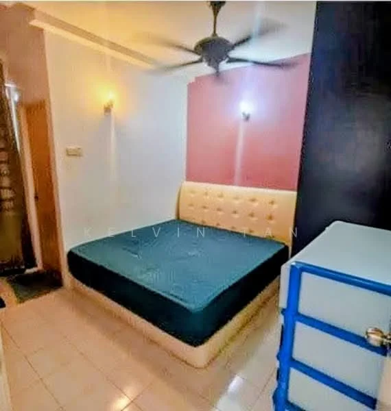 Bedroom features: queen-size bed with upholstered headboard, blue mattress, ceiling fan, white painted walls, accent wall in red, tile flooring, built-in wardrobe, wall sconces; style: modern.