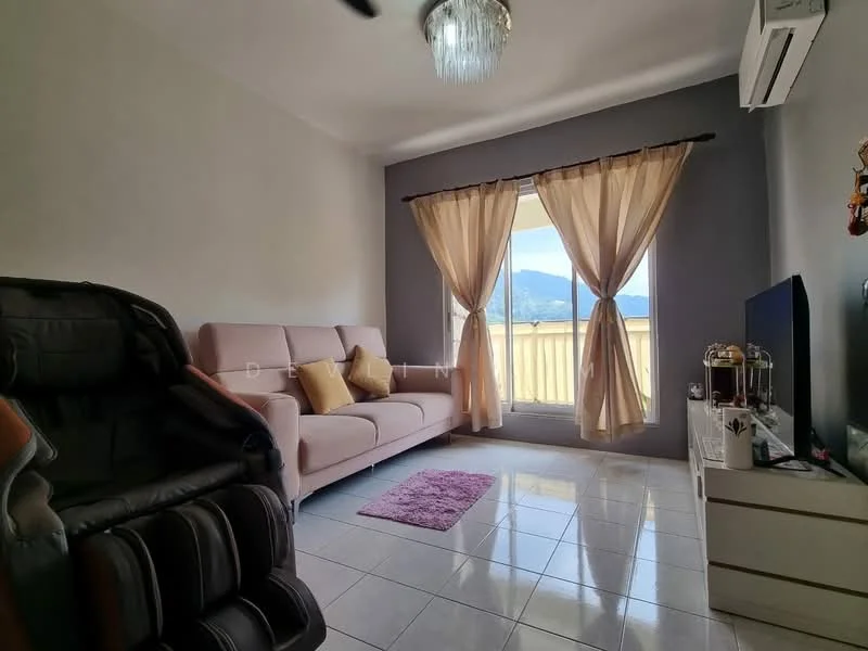 Living features: 3-seater fabric sofa in light pink, floor-to-ceiling window, sheer curtains, mountain view, white tiled flooring, ceiling fan, chandelier, TV console, wall-mounted TV, decorative wall art; style: modern; view: mountain.