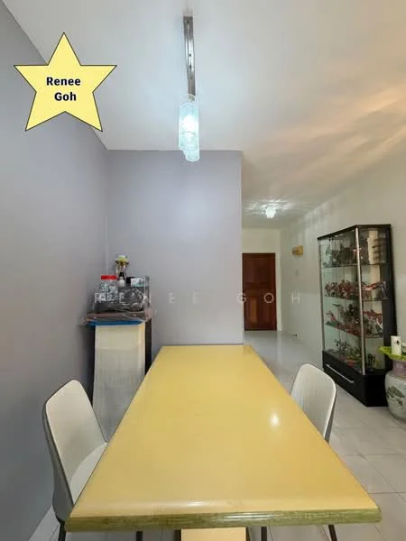 Dining features: yellow dining table, 4 white upholstered dining chairs, pendant light fixture, grey painted walls, white tiled flooring, display cabinet with glass doors, decorative items in cabinet, small countertop with appliances; style: modern.