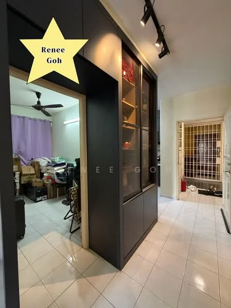 Room features: white tiled flooring, dark cabinetry with glass display, track lighting, ceiling fan, purple curtains, boxes and storage items visible, open layout, partition wall; style: modern.