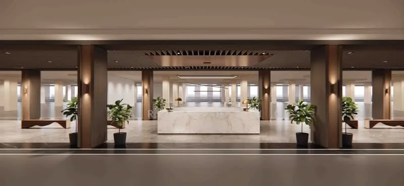 Room features: marble reception desk, wood paneling on columns, recessed ceiling lights, potted plants, polished stone flooring, open space layout, modern design elements, neutral color palette; style: modern.
