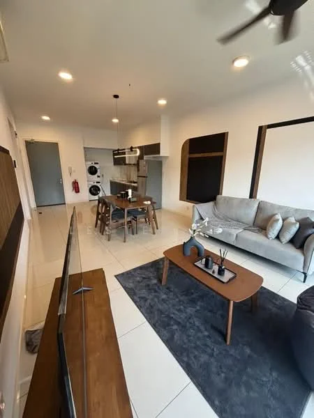 Living features: 3-seater fabric sofa in light grey, coffee table with wooden legs, area rug in dark blue, wall-mounted TV, ceiling fan, recessed downlights, decorative plants, TV console, dining table with 6 chairs, open kitchen layout, laundry area with stacked washer and dryer, white painted walls, tile flooring; style: modern. Kitchen features: kitchen island, stainless-steel sink, chrome pull-down faucet, built-in oven, freestanding range oven, microwave, white cabinetry, grey backsplash, open shelving; style: modern.