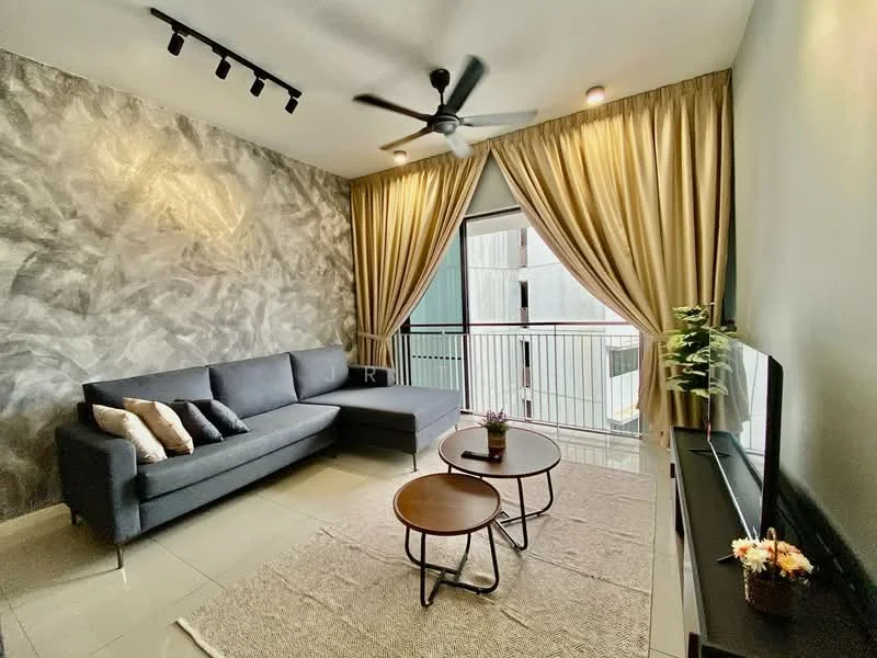 Living features: grey fabric sectional sofa, 2 round coffee tables, wall-mounted TV, light grey painted walls, textured accent wall, floor-to-ceiling windows, sheer curtains, recessed downlights, ceiling fan with light, decorative plant in pot, area rug; style: modern.