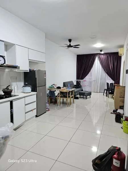 Kitchen features: white cabinetry, stainless-steel fridge, built-in oven, 4-burner gas hob, single-bowl stainless-steel sink, chrome pull-down faucet, white tiled backsplash, ceramic tile flooring; style: modern. Living features: 3-seater fabric sofa in grey, wooden dining table with chairs, floor-to-ceiling windows with sheer curtains, ceiling fan, TV console, ceramic tile flooring; style: modern.