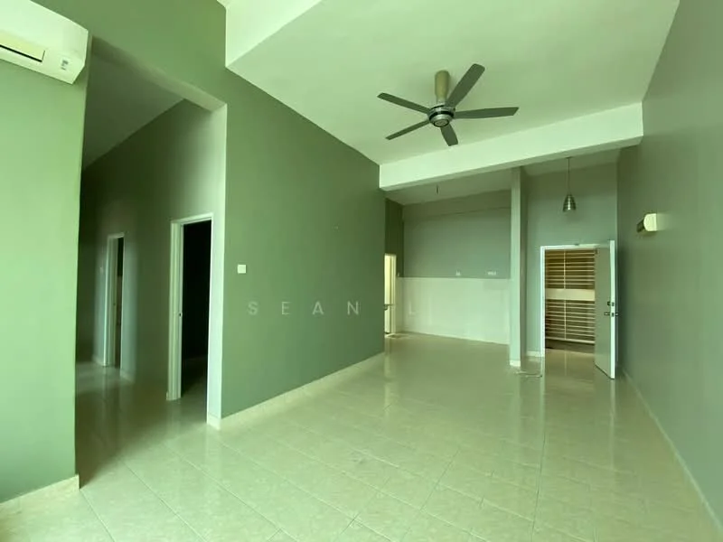 Room features: green painted walls, tile flooring, 5-blade ceiling fan, recessed downlights, doorway leading to another room, doorway leading to hallway, high ceiling, white baseboards; style: modern.