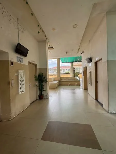 Room features: tiled flooring, cream painted walls, green awning, two wall-mounted TVs, potted plant, seating area, light fixtures, doorways leading to other rooms; style: modern; view: courtyard.